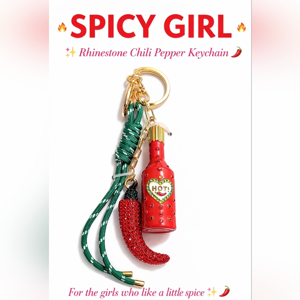 New! Spicy Girl Keychain 🌶️ Rhinestone Chili Pepper Hot Sauce Bag Charm Y2K